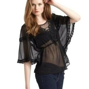 Free People Daydreamer Boho Embroidered Black Sheer Top Size M